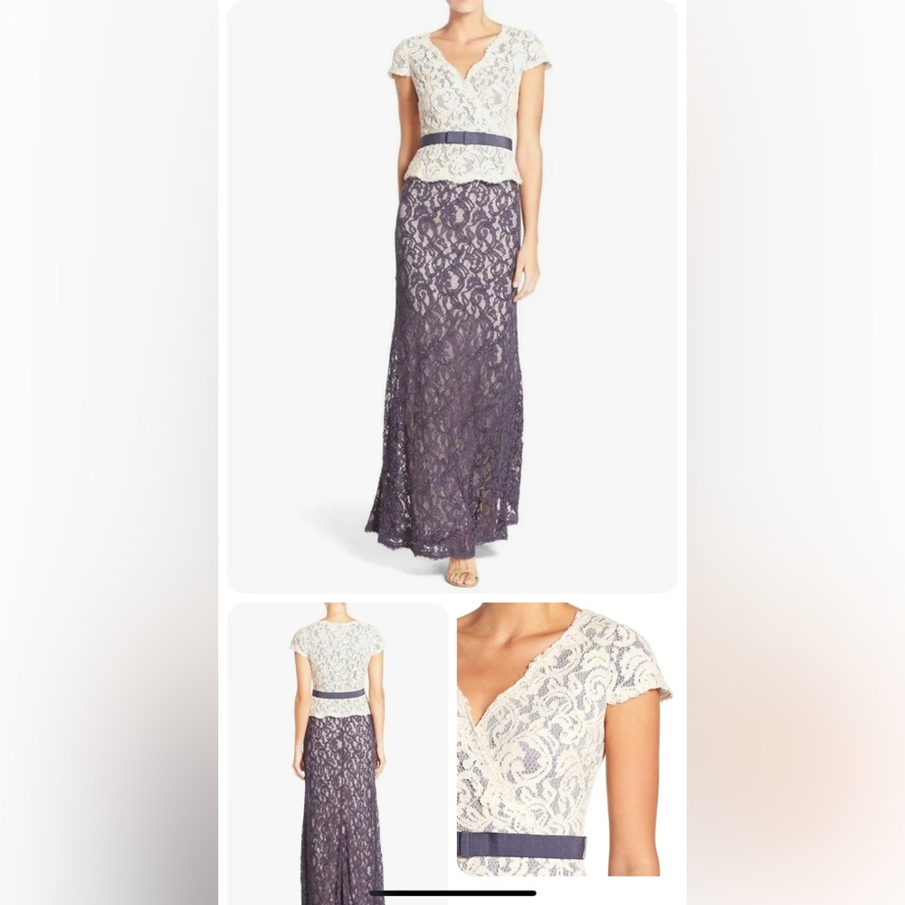 Adrianna Papell belted Lace peplum long gown